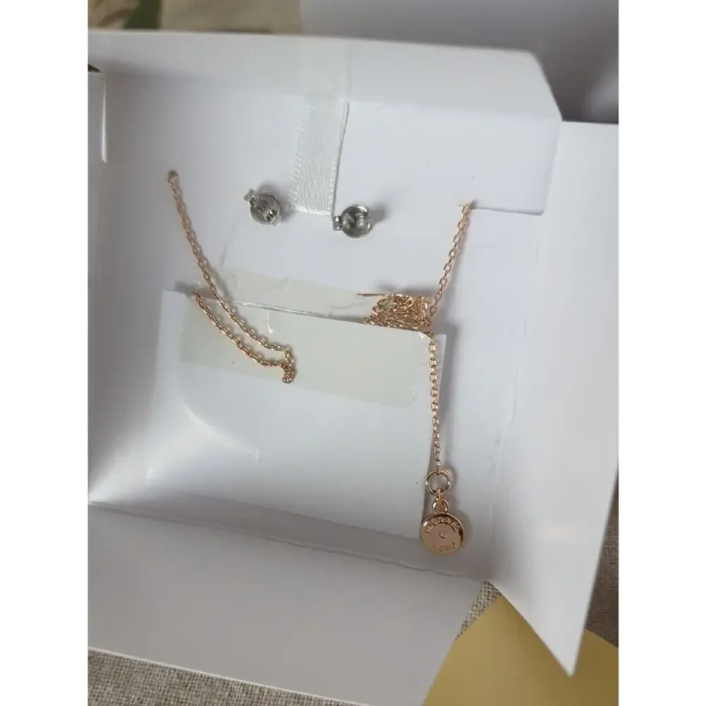Michael Kors Rose Gold Necklace & Earrings Set  Crystal MK Pendant Jewelry
